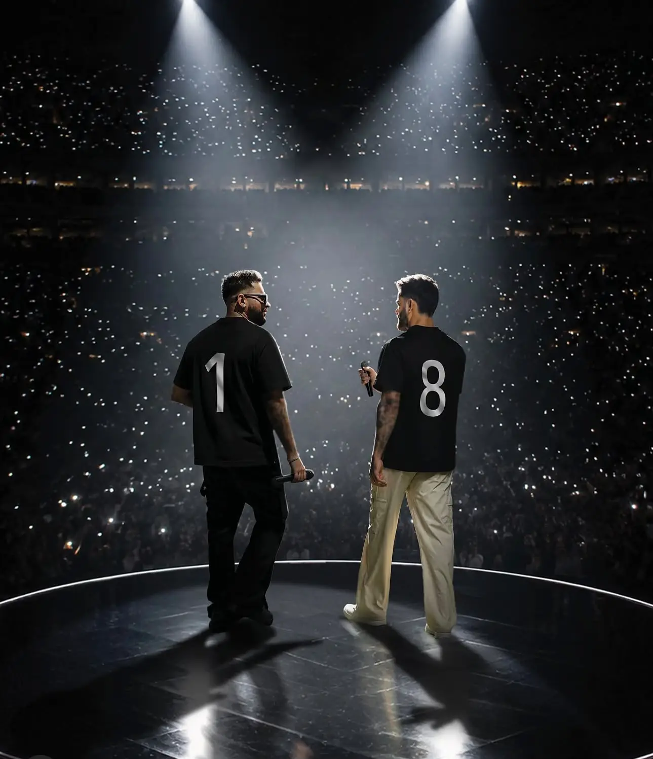 Two performers on a lit stage before a dark arena